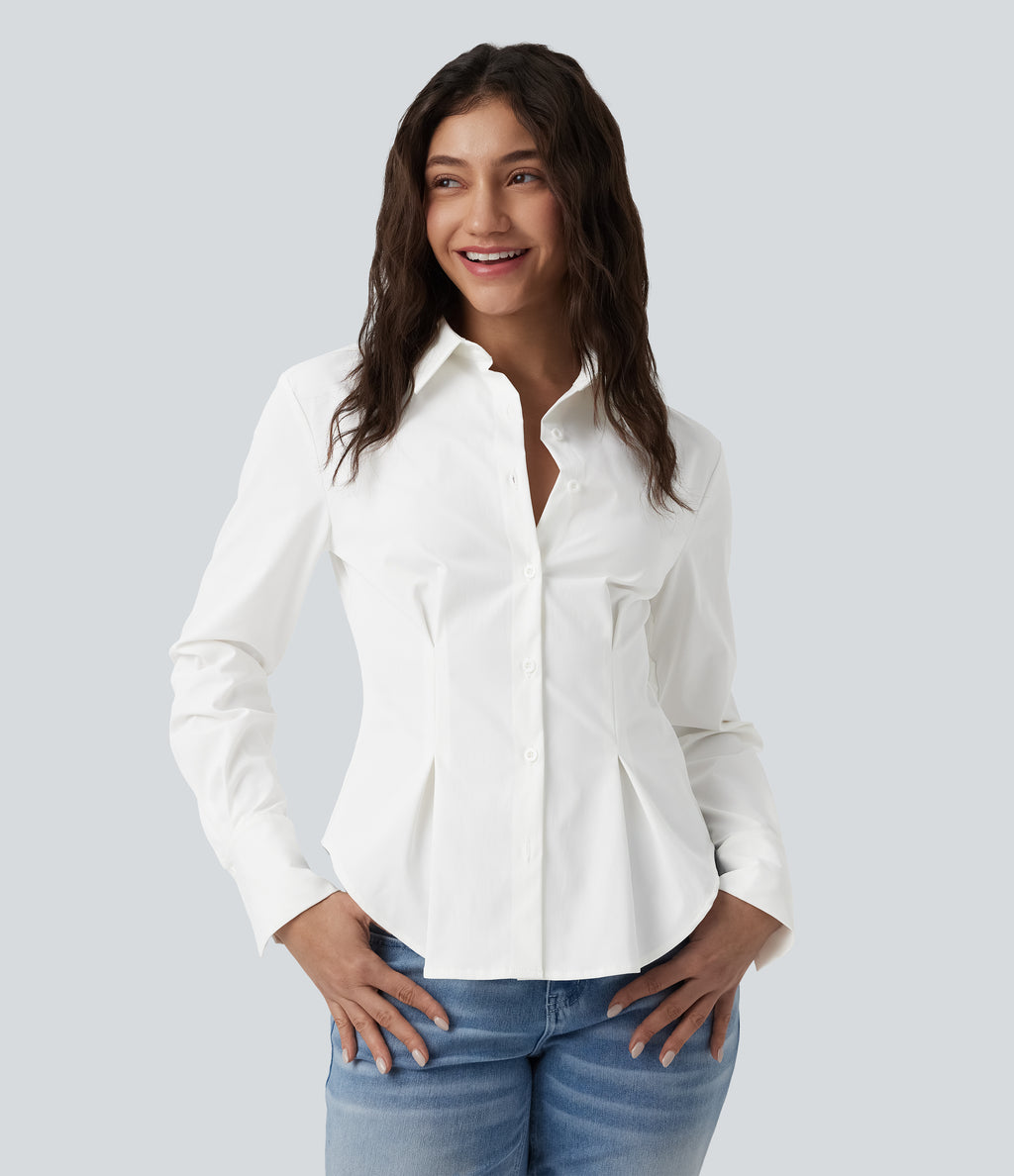 Long Sleeve Curved Hem Casual Shirt — White — view 1