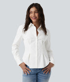 Long Sleeve Curved Hem Casual Shirt — White — view 1