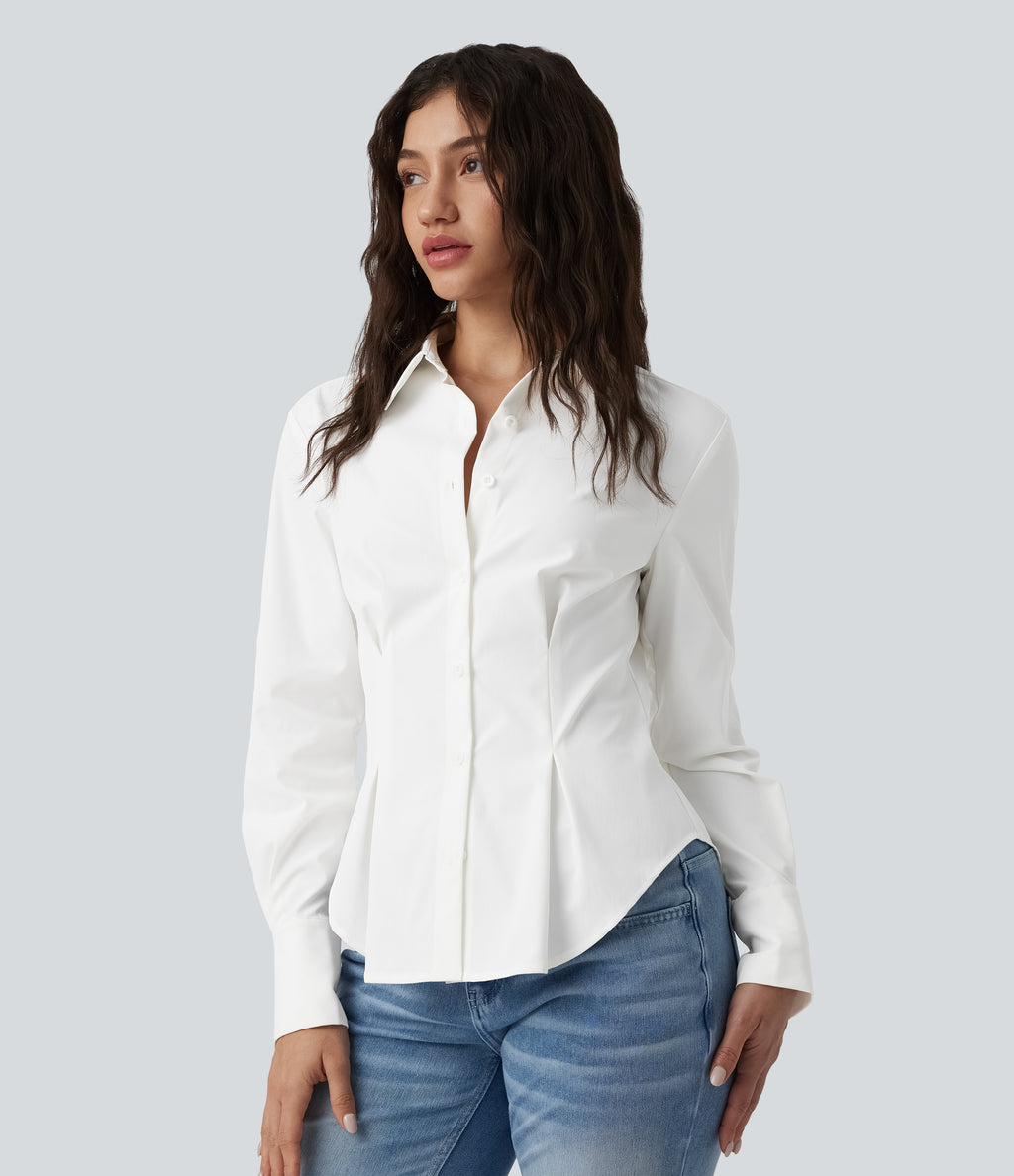 Long Sleeve Curved Hem Casual Shirt — White — view 3