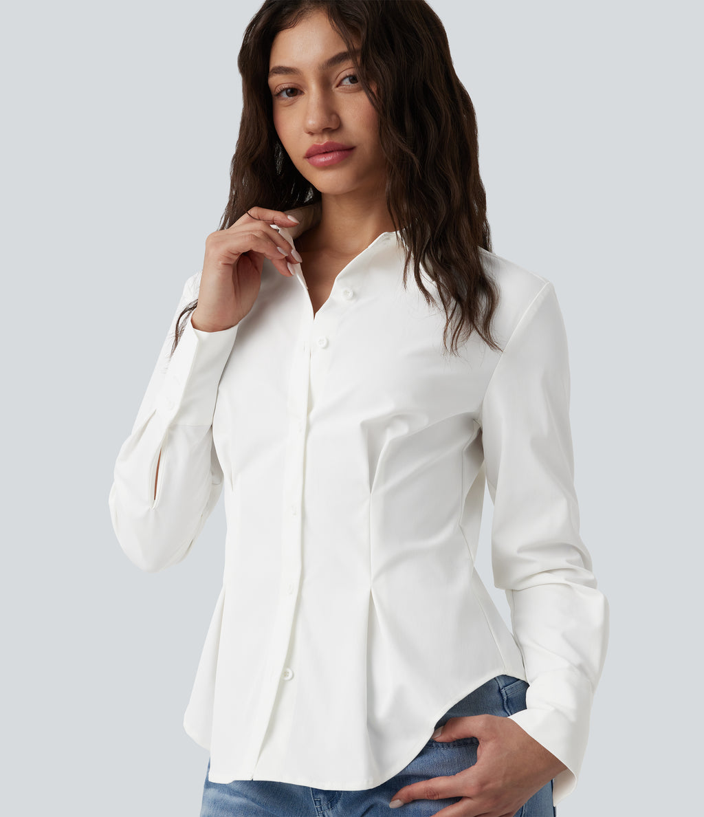 Long Sleeve Curved Hem Casual Shirt — White — view 4