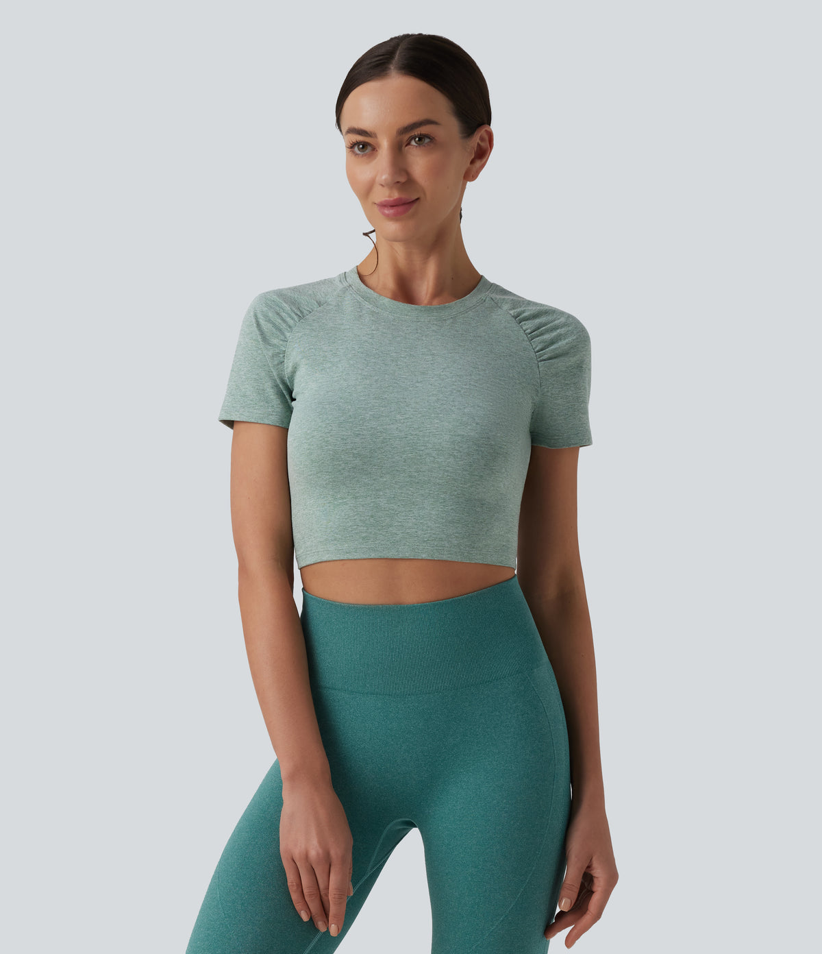 Round Neck Short Sleeve Cut Out Cropped Workout Sports Top — Jade Static — view 2