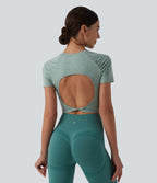 Round Neck Short Sleeve Cut Out Cropped Workout Sports Top — Jade Static — view 4