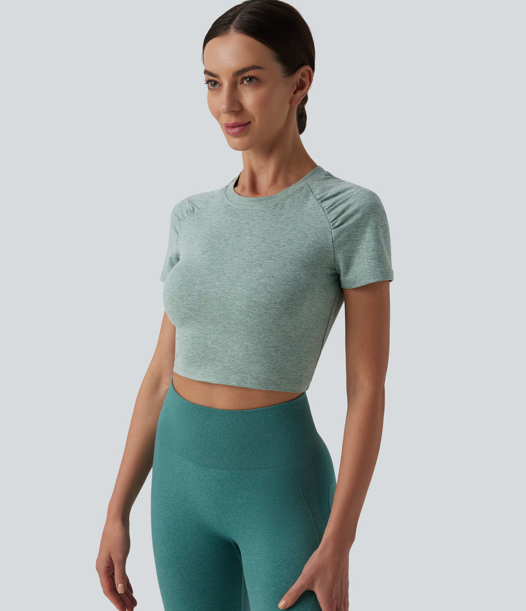 Round Neck Short Sleeve Cut Out Cropped Workout Sports Top — Jade Static — view 5