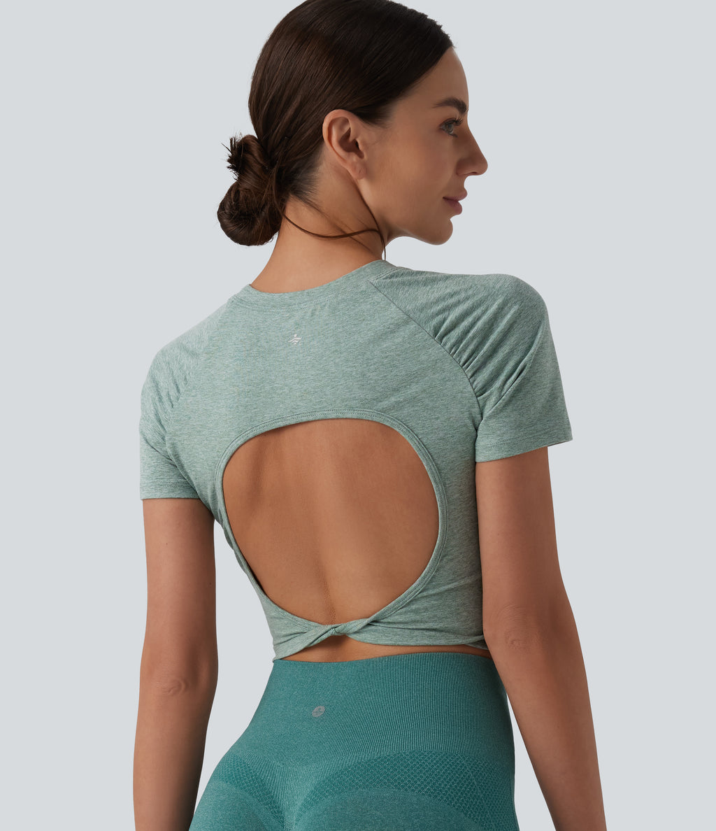 Round Neck Short Sleeve Cut Out Cropped Workout Sports Top — Jade Static — view 1