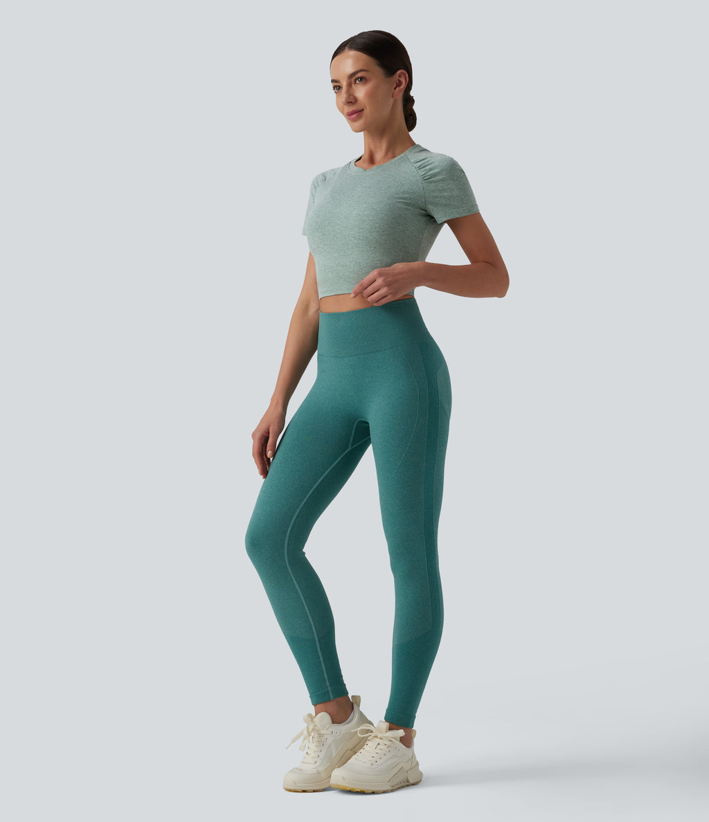 Round Neck Short Sleeve Cut Out Cropped Workout Sports Top — Jade Static — view 6