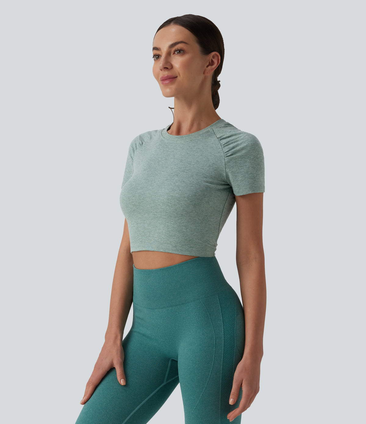 Round Neck Short Sleeve Cut Out Cropped Workout Sports Top — Jade Static — view 3