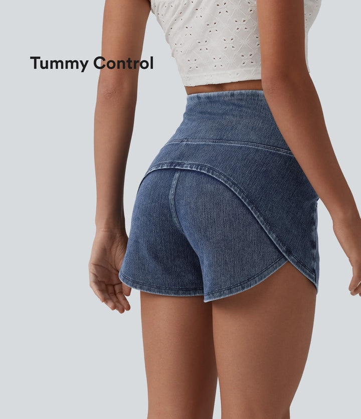 High Waisted Tummy Control Curved Hem Skinny Denim Casual Shorts with Pockets — Tide Blue Denim — view 1