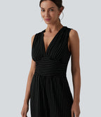 V Neck Sleeveless Ruched Stripes Work Jumpsuit with Pockets — Black White Pinstripe — view 5