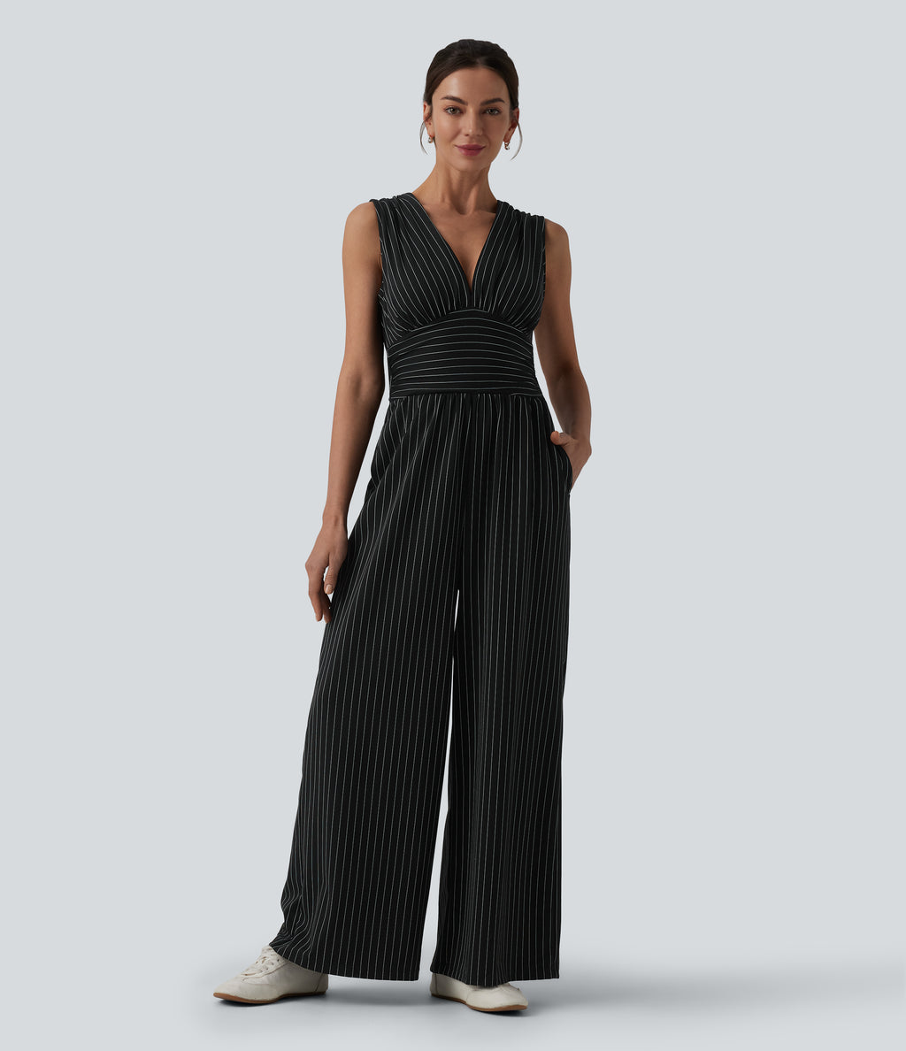 V Neck Sleeveless Ruched Stripes Work Jumpsuit with Pockets — Black White Pinstripe — view 1