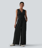 V Neck Sleeveless Ruched Stripes Work Jumpsuit with Pockets — Black White Pinstripe — view 1