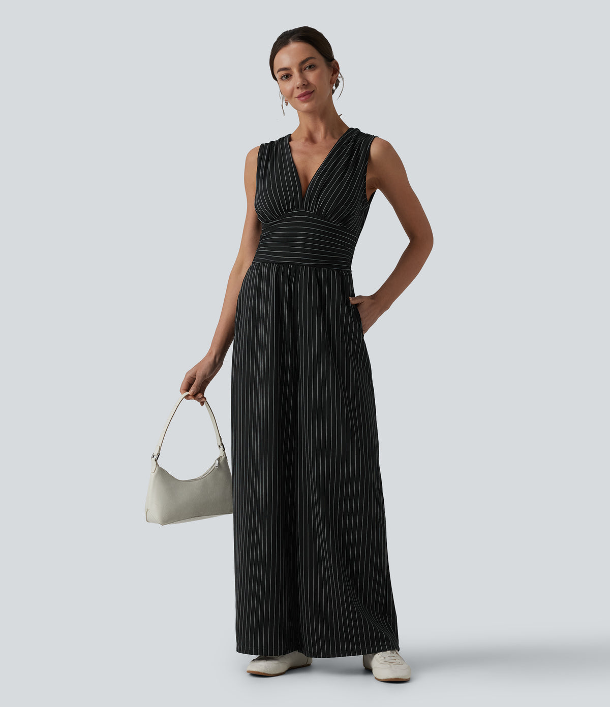 V Neck Sleeveless Ruched Stripes Work Jumpsuit with Pockets — Black White Pinstripe — view 6