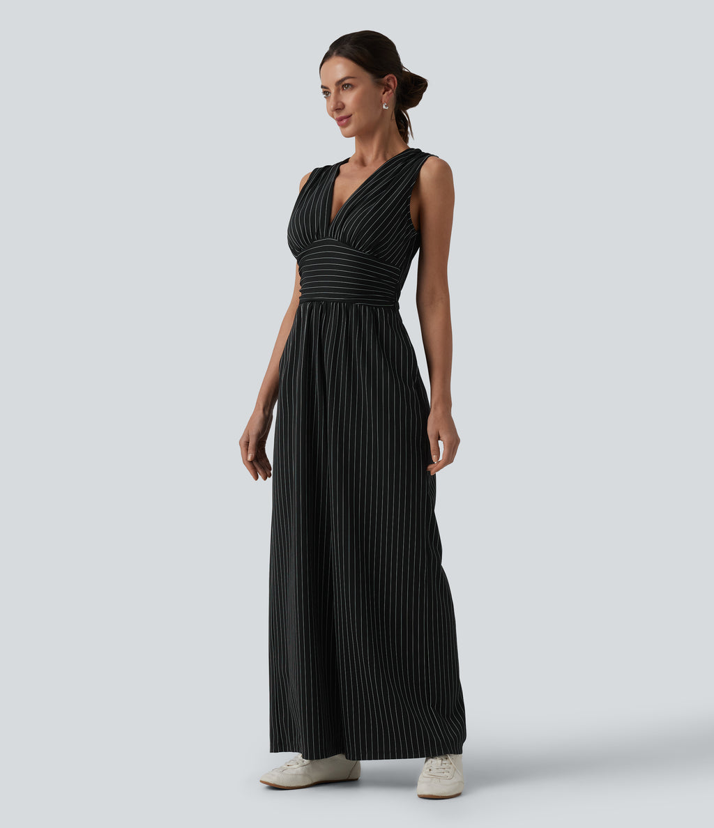 V Neck Sleeveless Ruched Stripes Work Jumpsuit with Pockets — Black White Pinstripe — view 3
