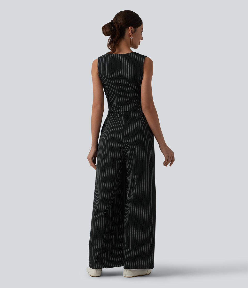 V Neck Sleeveless Ruched Stripes Work Jumpsuit with Pockets — Black White Pinstripe — view 2
