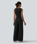 V Neck Sleeveless Ruched Stripes Work Jumpsuit with Pockets — Black White Pinstripe — view 2