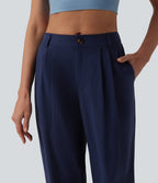 Mid Rise Pleated Rolled Hem 7/8 Stretchy Poplin Casual Tapered Trousers with Pockets — Peacoat — view 4