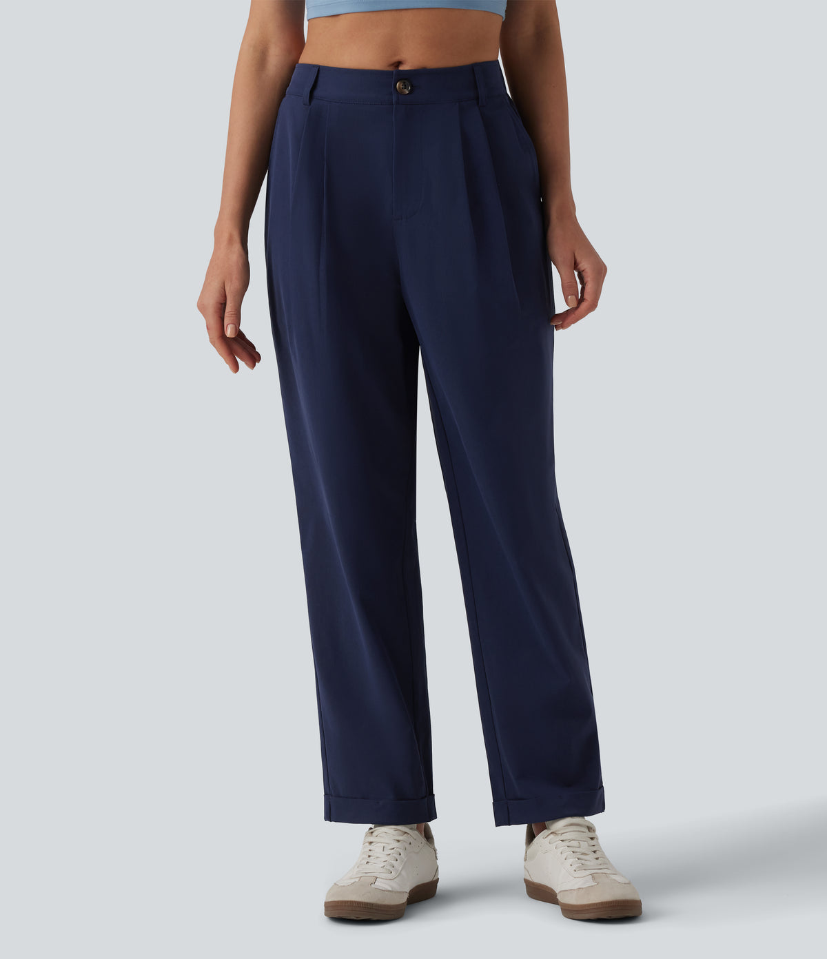 Mid Rise Pleated Rolled Hem 7/8 Stretchy Poplin Casual Tapered Trousers with Pockets — Peacoat — view 3