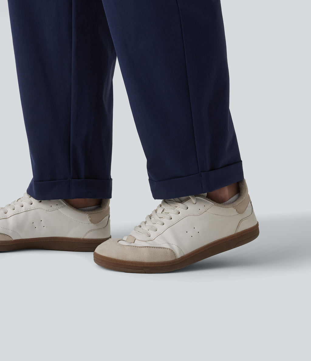 Mid Rise Pleated Rolled Hem 7/8 Stretchy Poplin Casual Tapered Trousers with Pockets — Peacoat — view 6