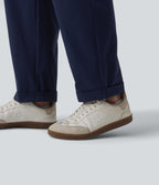 Mid Rise Pleated Rolled Hem 7/8 Stretchy Poplin Casual Tapered Trousers with Pockets — Peacoat — view 6