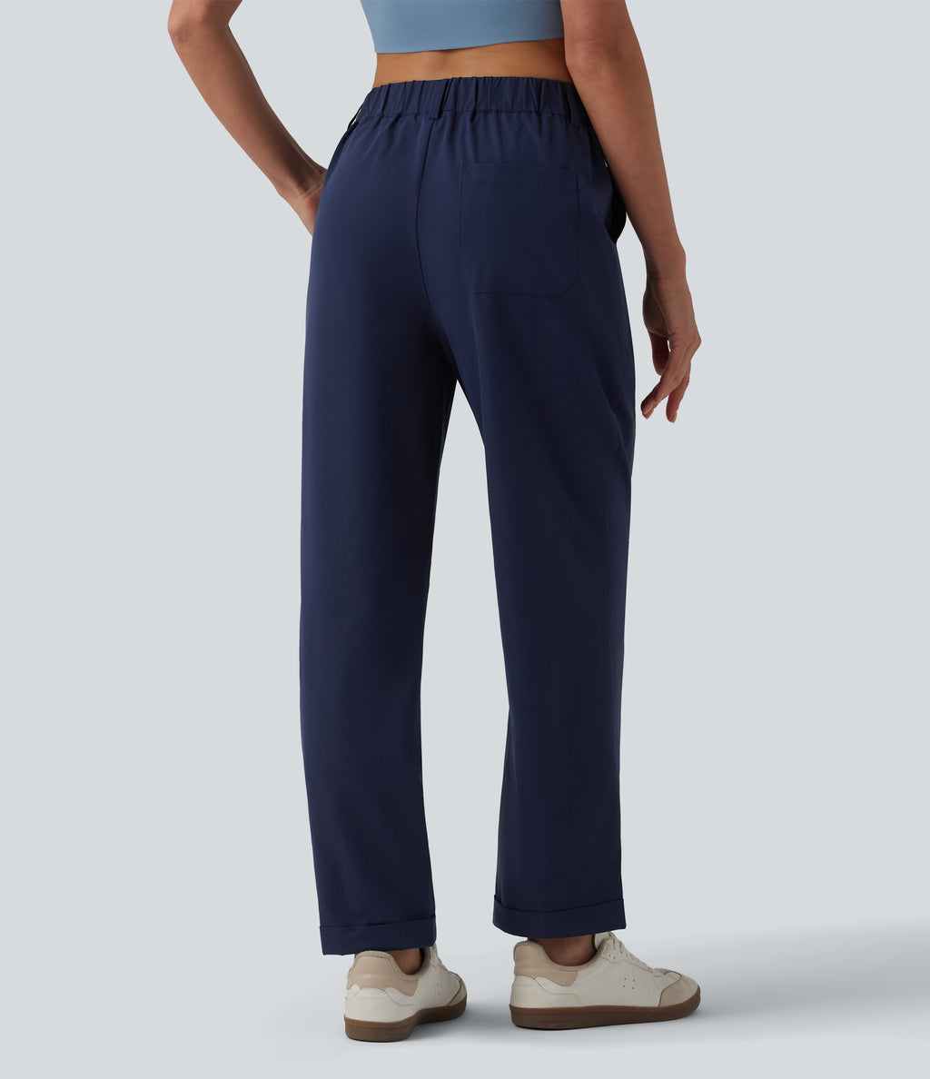 Mid Rise Pleated Rolled Hem 7/8 Stretchy Poplin Casual Tapered Trousers with Pockets — Peacoat — view 2