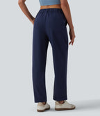 Mid Rise Pleated Rolled Hem 7/8 Stretchy Poplin Casual Tapered Trousers with Pockets — Peacoat — view 2