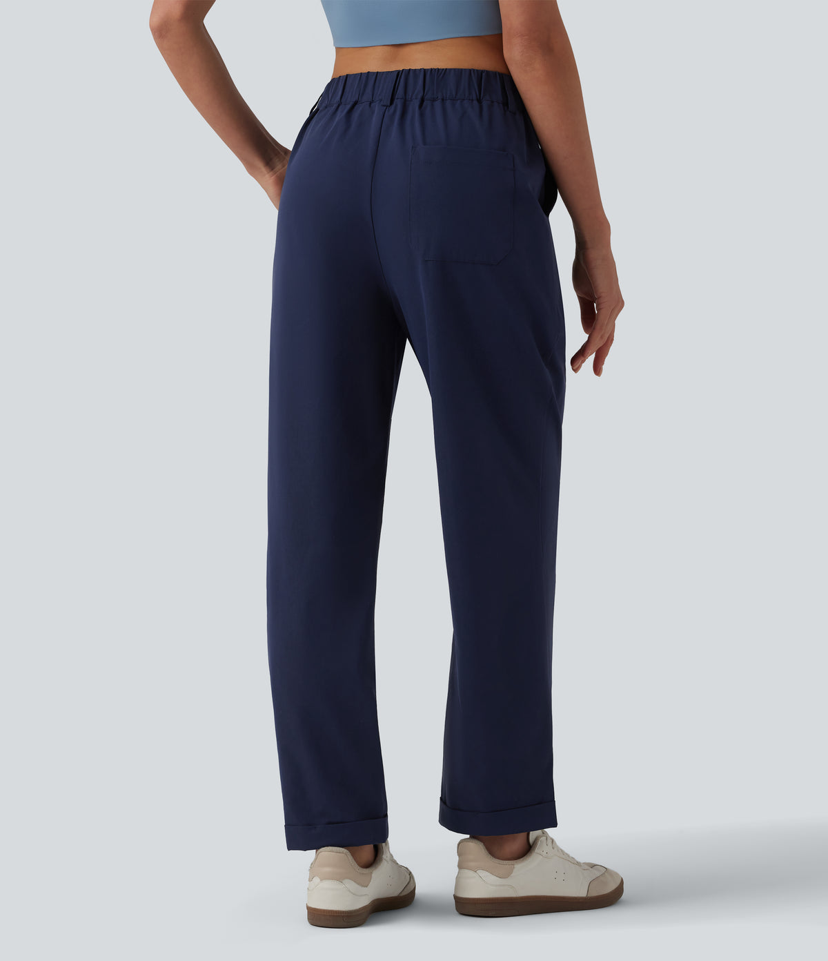 Mid Rise Pleated Rolled Hem 7/8 Stretchy Poplin Casual Tapered Trousers with Pockets — Peacoat — view 2