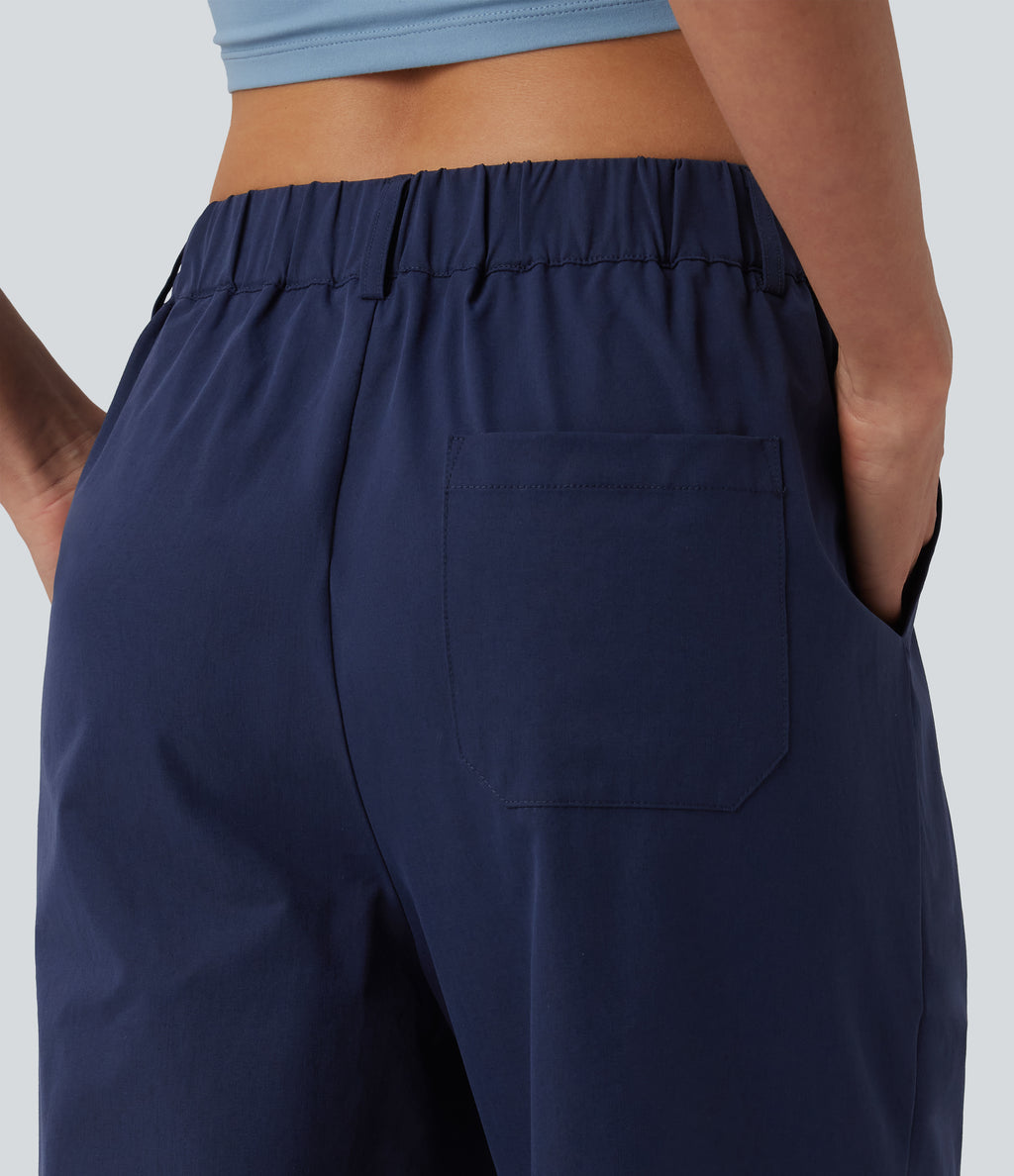 Mid Rise Pleated Rolled Hem 7/8 Stretchy Poplin Casual Tapered Trousers with Pockets — Peacoat — view 5