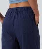 Mid Rise Pleated Rolled Hem 7/8 Stretchy Poplin Casual Tapered Trousers with Pockets — Peacoat — view 5