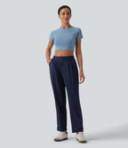 Mid Rise Pleated Rolled Hem 7/8 Stretchy Poplin Casual Tapered Trousers with Pockets — Peacoat — view 7