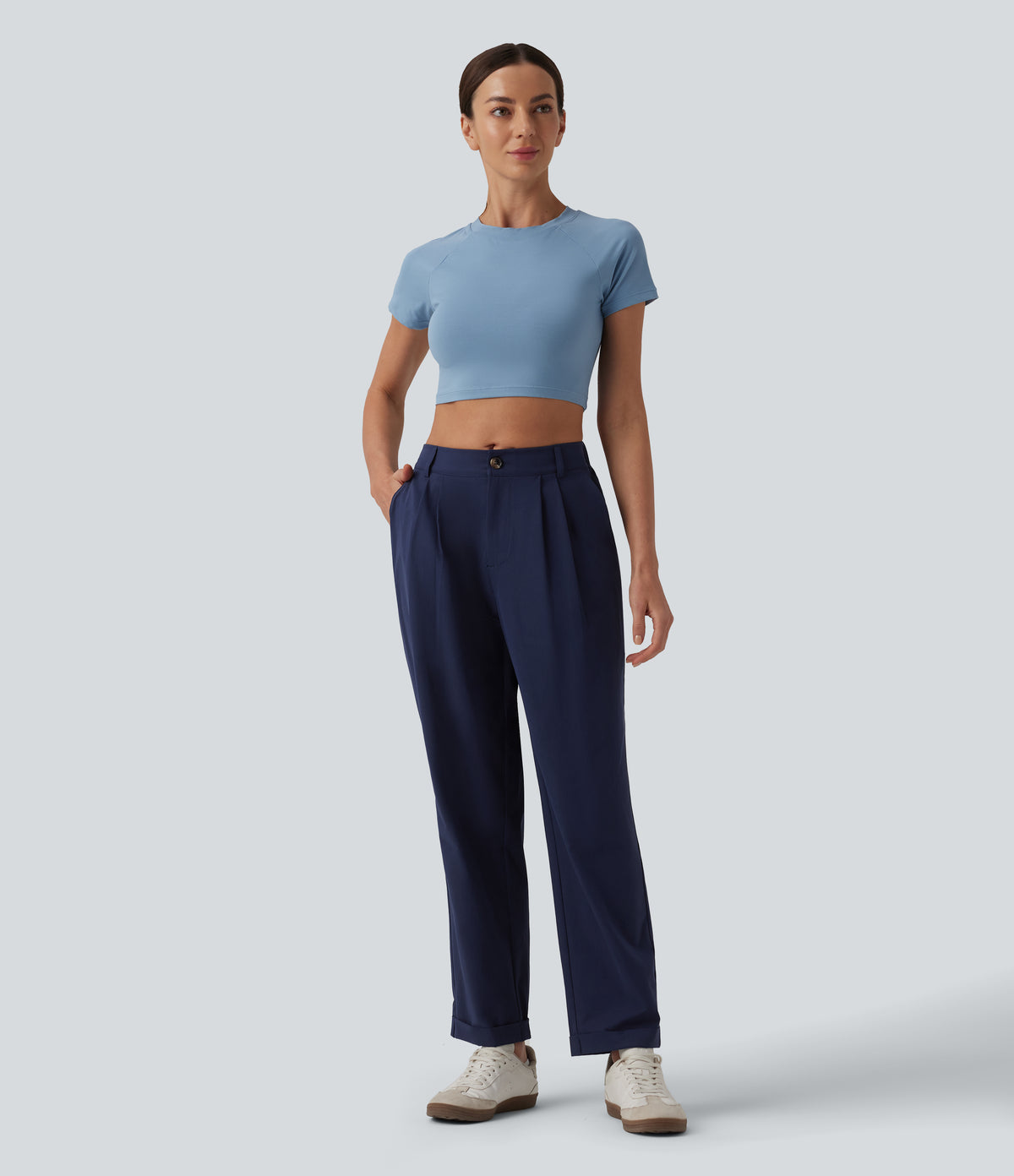 Mid Rise Pleated Rolled Hem 7/8 Stretchy Poplin Casual Tapered Trousers with Pockets — Peacoat — view 7