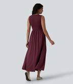 V Neck Sleeveless Flowy Maxi Casual Dress — Berry Red — view 2