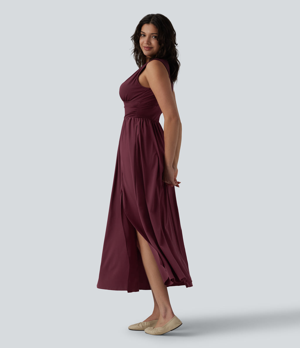 V Neck Sleeveless Flowy Maxi Casual Dress — Berry Red — view 3