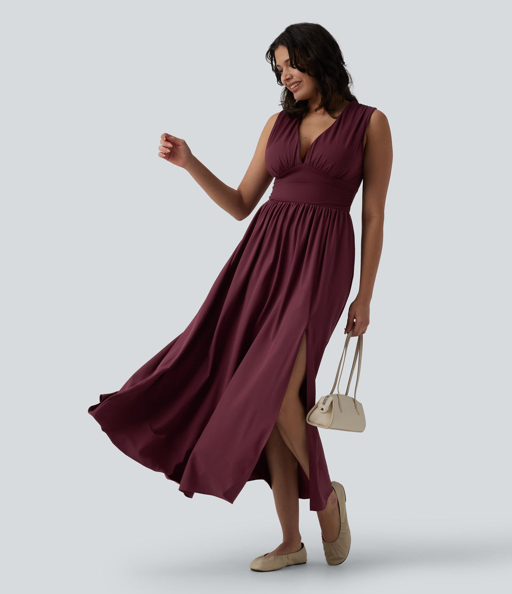 V Neck Sleeveless Flowy Maxi Casual Dress — Berry Red — view 1