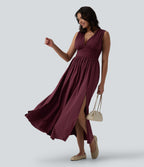 V Neck Sleeveless Flowy Maxi Casual Dress — Berry Red — view 1
