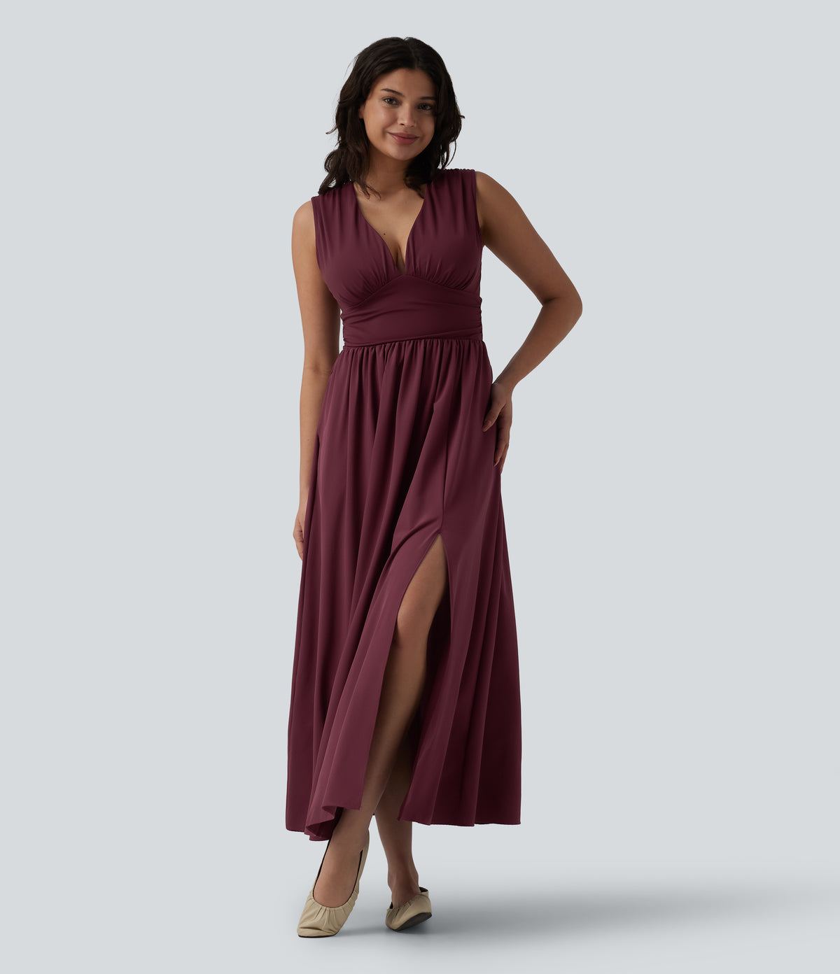 V Neck Sleeveless Flowy Maxi Casual Dress — Berry Red — view 4