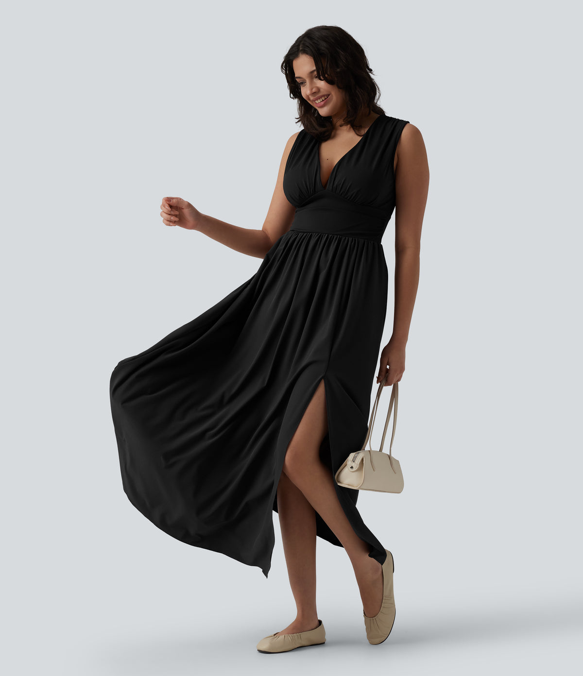 V Neck Sleeveless Flowy Maxi Casual Dress — Black — view 6