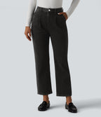 High Waisted 7/8 Casual Straight Leg Jeans with pockets — Meteorite Black Denim — view 3