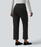 High Waisted 7/8 Casual Straight Leg Jeans with pockets — Meteorite Black Denim — view 2