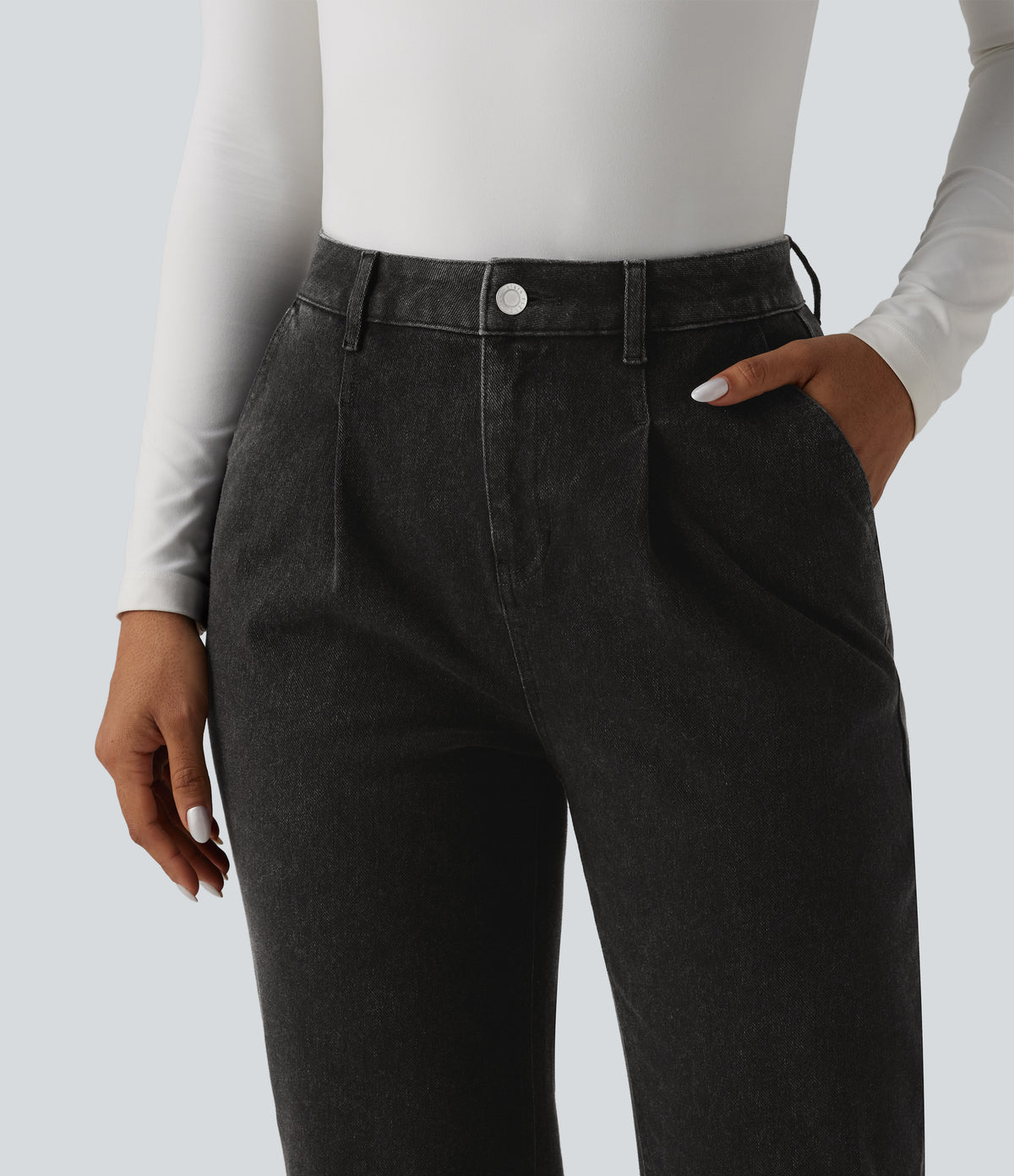 High Waisted 7/8 Casual Straight Leg Jeans with pockets — Meteorite Black Denim — view 4