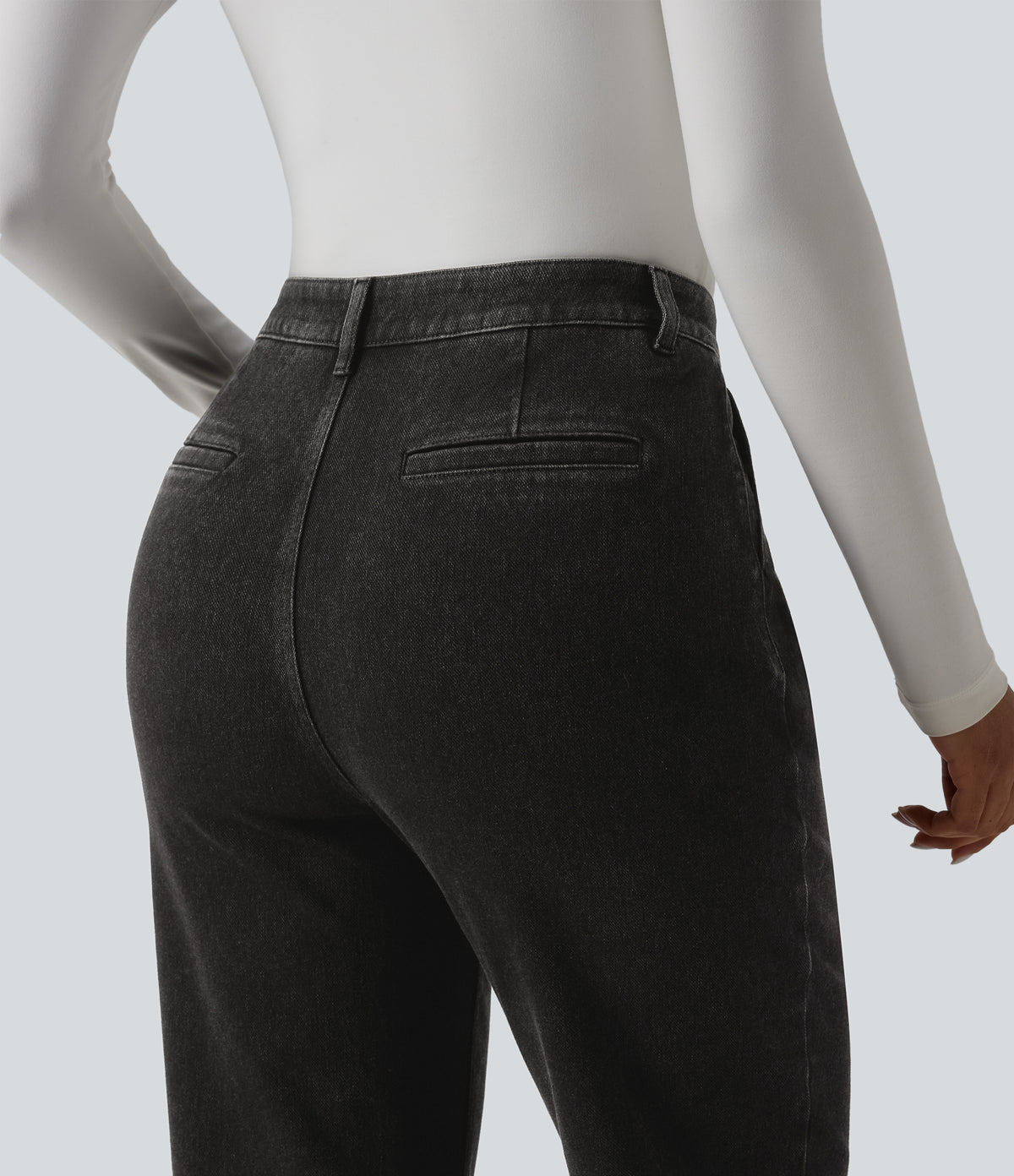 High Waisted 7/8 Casual Straight Leg Jeans with pockets — Meteorite Black Denim — view 5