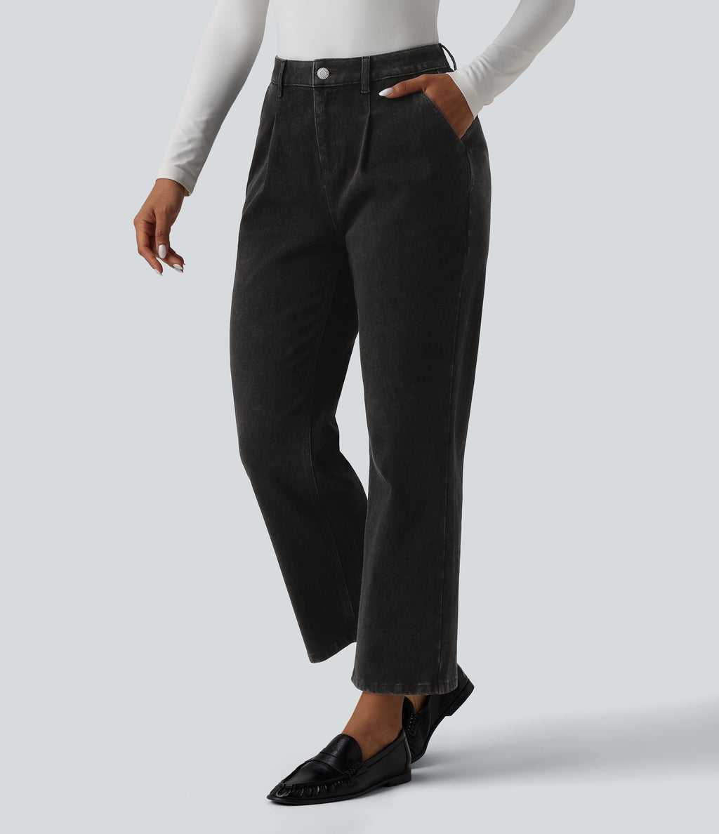 High Waisted 7/8 Casual Straight Leg Jeans with pockets — Meteorite Black Denim — view 1