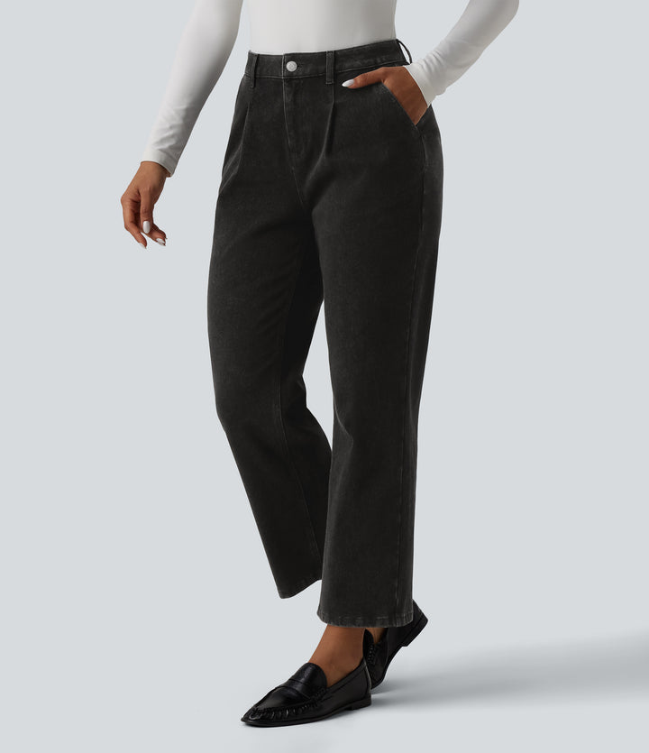 High Waisted 7/8 Casual Straight Leg Jeans with pockets — Meteorite Black Denim — view 1