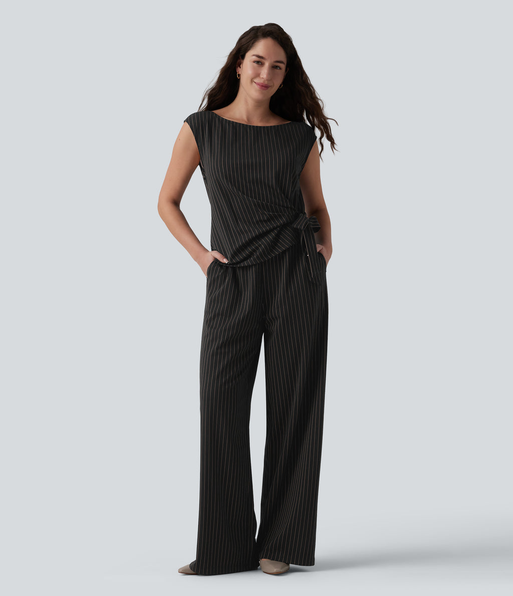 Boat Neck Sleeveless Tie Side Cool Touch Stripe Work Jumpsuit with Pockets-Edition — Black Brown Black Pinstripe — view 3
