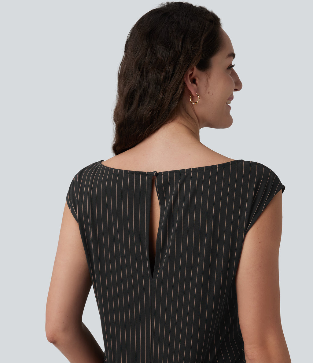 Boat Neck Sleeveless Tie Side Cool Touch Stripe Work Jumpsuit with Pockets-Edition — Black Brown Black Pinstripe — view 5