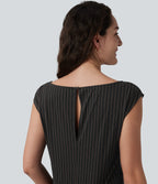 Boat Neck Sleeveless Tie Side Cool Touch Stripe Work Jumpsuit with Pockets-Edition — Black Brown Black Pinstripe — view 5