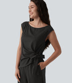 Boat Neck Sleeveless Tie Side Cool Touch Stripe Work Jumpsuit with Pockets-Edition — Black Brown Black Pinstripe — view 4