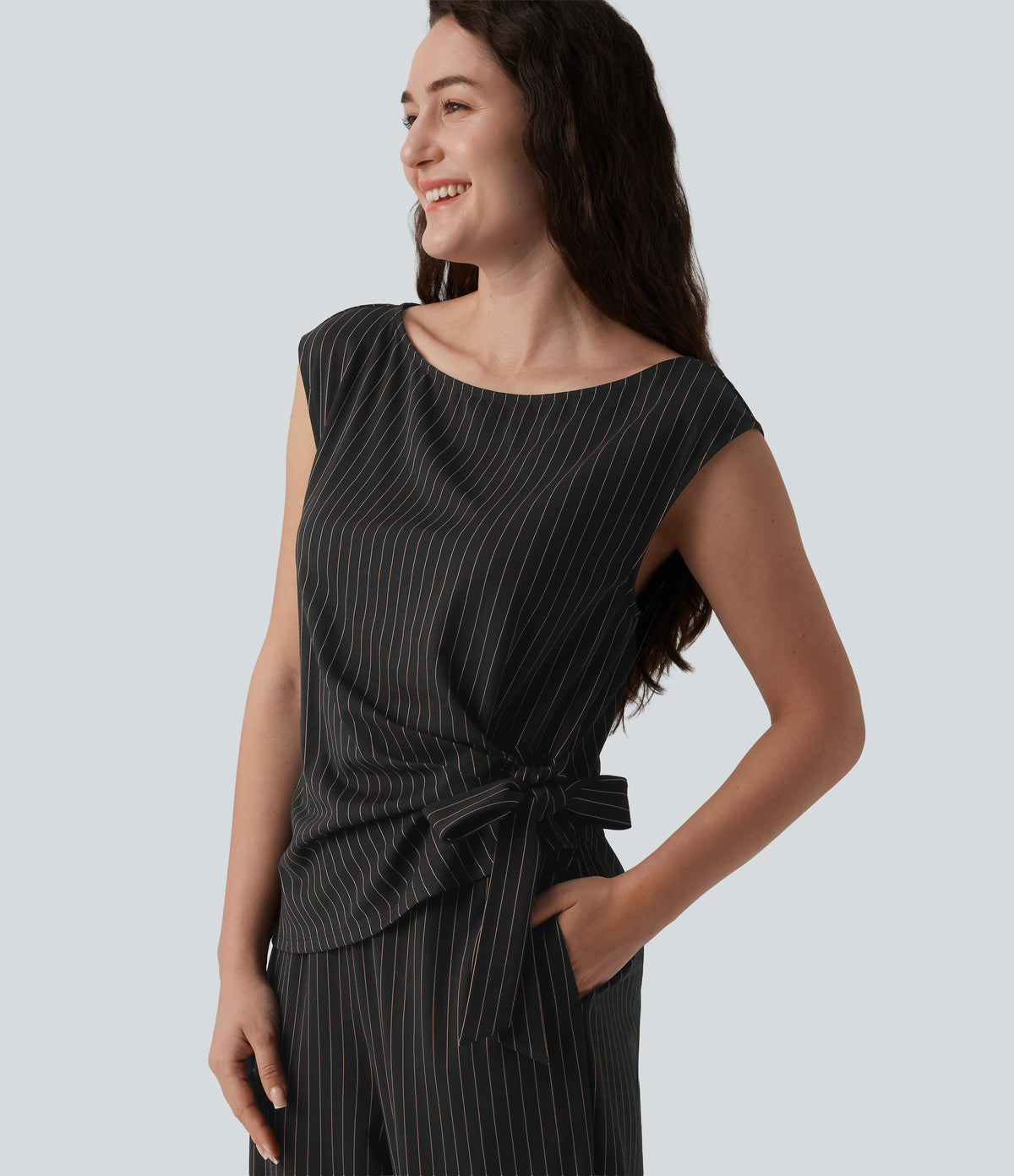 Boat Neck Sleeveless Tie Side Cool Touch Stripe Work Jumpsuit with Pockets-Edition — Black Brown Black Pinstripe — view 4