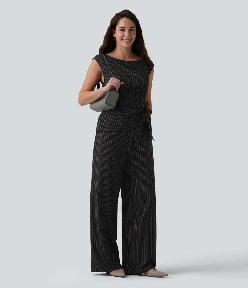 Boat Neck Sleeveless Tie Side Cool Touch Stripe Work Jumpsuit with Pockets-Edition — Black Brown Black Pinstripe — view 7