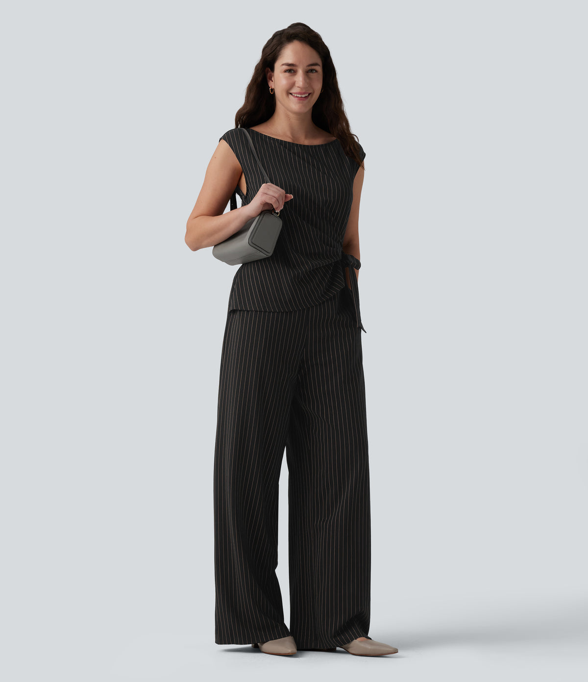 Boat Neck Sleeveless Tie Side Cool Touch Stripe Work Jumpsuit with Pockets-Edition — Black Brown Black Pinstripe — view 7