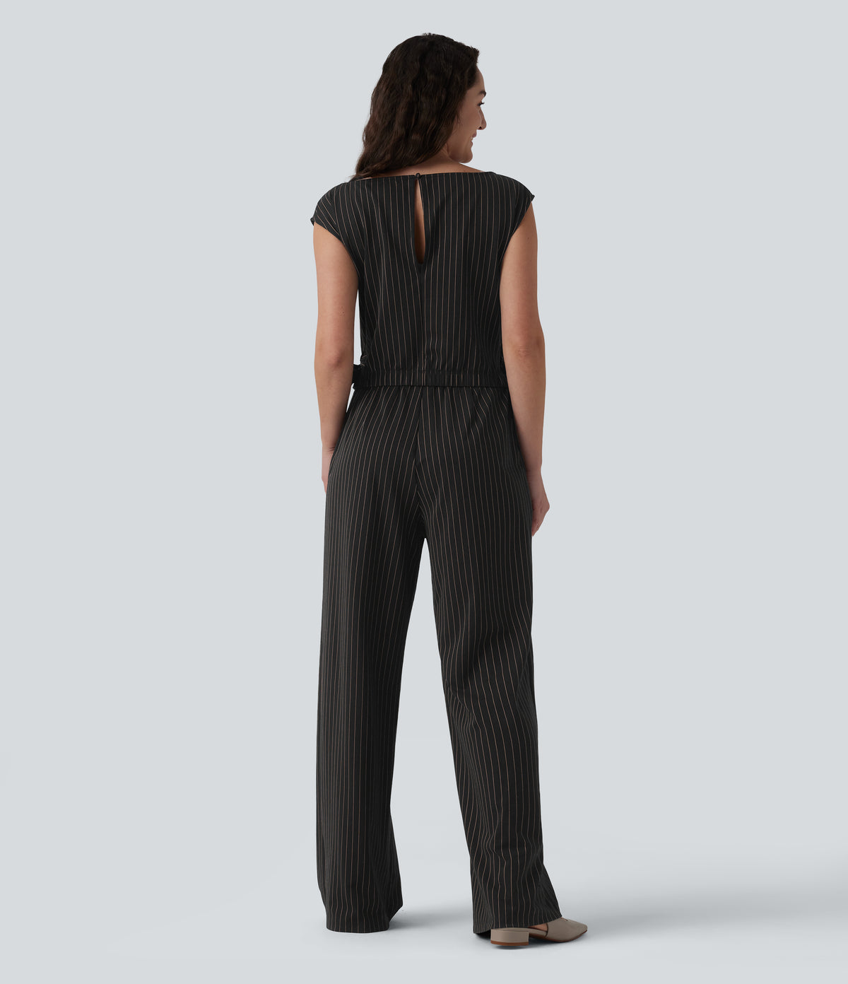 Boat Neck Sleeveless Tie Side Cool Touch Stripe Work Jumpsuit with Pockets-Edition — Black Brown Black Pinstripe — view 2