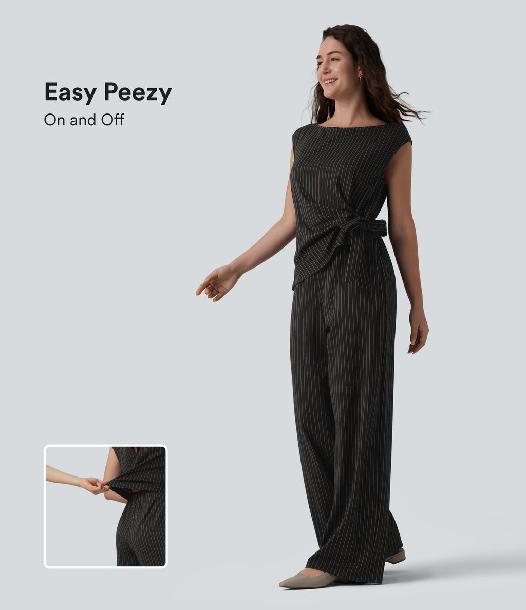 Boat Neck Sleeveless Tie Side Cool Touch Stripe Work Jumpsuit with Pockets-Edition — Black Brown Black Pinstripe — view 1